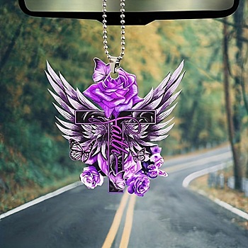 Colorful Butterfly Faith Jesus Cross Acrylic Pendant Decoration, for Car Rear View Mirror Hanging Ornament, Wing, 320mm, Pendant: 78x79x4mm