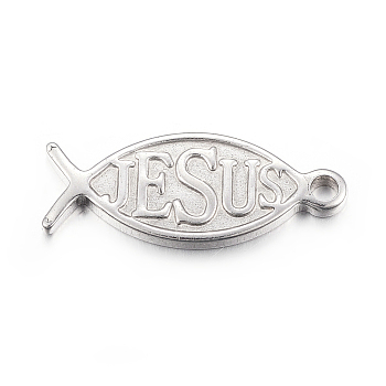 304 Stainless Steel Pendants, For Easter, Ichthys with Word Jesus, Stainless Steel Color, 26.5x11x2mm, Hole: 2.5mm