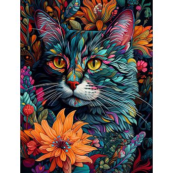 AB Color Flower Cat DIY Diamond Painting Kit, Including Resin Rhinestones Bag, Diamond Sticky Pen, Tray Plate and Glue Clay, Orange, 400x300mm