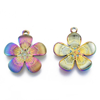 Ion Plating(IP) 304 Stainless Steel Pendants, Flower, Rainbow Color, 27x24.5x3mm, Hole: 1.8mm