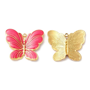 304 Stainless Steel Enamel Pendants, Real 18K Gold Plated, Butterfly Charm, Cerise, 20x24x3mm, Hole: 1.4mm