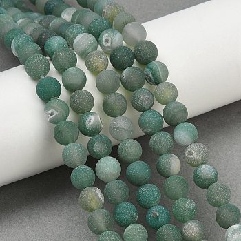 Natural Druzy Agate Beads Strands, Round, Frosted, Dyed & Heated, Medium Aquamarine, 8mm, Hole: 1.2mm, about 48pcs/strand, 15.55''(39.5cm)