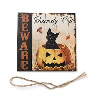Halloween Wooden Door Hanging Welcome Sign Board, with Hemp Rope, for Home Office School Outdoor Decorations, Square, Cat Pattern, 150x150x5mm