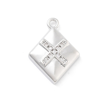 Brass Micro Pave Clear Cubic Zirconia Pendants, Rhombus, 19x13.5x3mm, Hole: 1.5mm