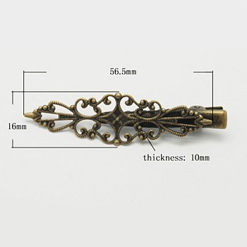 Antique Bronze Iron Flat Alligator Hair Clip Findings, with Filigree Brass Tray, 56.5x16x10mm