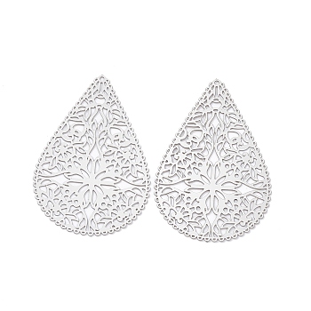 Non-Tarnish 201 Stainless Steel Pendants, Etched Metal Embellishments, Teardrop, Stainless Steel Color, 40x26.5x0.3mm, Hole: 1mm