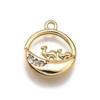 Brass Micro Pave Clear Cubic Zirconia Pendants, Ring with Camel Pattern Charms, Golden, 13.5x11.5x3mm, Hole: 1.2mm