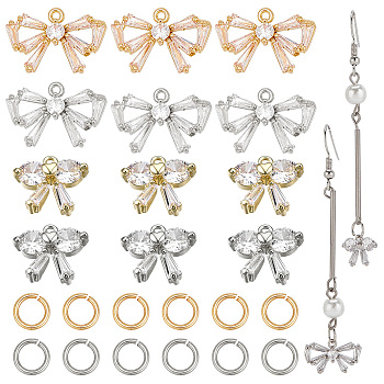 16Pcs 4 Style Bowknot Brass Micro Pave Clear Cubic Zirconia Charms, with 100Pcs Open Jump Rings, Platinum & Golden, 9.5~10x10.5~16.5x3mm, Hole: 1~1.2mm, 4Pcs/style