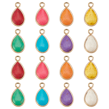 PandaHall Elite 16Pcs 8 Colors Synthetic Turquoise Pendants, with Light Gold Plated Brass Edge, Teardrop, Dyed, Mixed Color, 18~19x10.5x5mm, Hole: 2mm, 2pcs/color