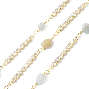 Brass Cubic Zirconia Link Chains with Natural Morganite Beads, Unwelded, Golden, 17~30x3~8x2.5~5mm
