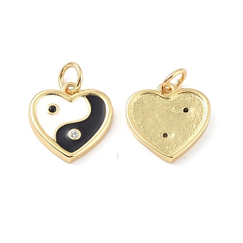 Brass Micro Pave Cubic Zirconia Pendants, with Enamel and Jump Ring, Heart with Yin Yang Charm, Real 18K Gold Plated, 13.5x13x2mm, Hole: 3.4mm