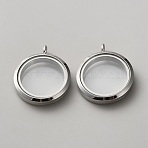 304 Stainless Steel Locket Pendants, with Glass, Flat Round Charm, Stainless Steel Color, 36.5x30x7mm, Hole: 5mm(STAS-WH20010-009P)