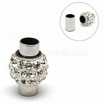 304 Stainless Steel Magnetic Clasps with Glue-in Ends, with Polymer Clay Rhinestone Beads, Oval, Stainless Steel Color, 17x11~12mm, Hole: 5mm(RB-E402-2)