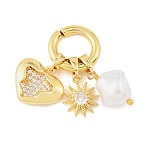 Brass Micro Pave Clear Cubic Zirconia with Plastic Imitation Pearl Pendants, Heart with Sun Charms, Real 14K Gold Plated, 29.5mm, Hole: 8.5mm(CU-CBA1242-01A-G)