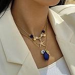 Alloy Starfish Coconut Tree & Oval Resin Pendant Double Layer Necklaces, Golden, Dark Blue, 14.57 inch(37cm)(FS-WGC9AA5-01)