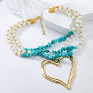 Bohemian Synthetic Turquoise Chips Beads 3 Layer Necklaces, with Plastic Imitation Pearl and Alloy Heart Big Pendant, Turquoise, 14.76~15.16 inch(37.5~38.5cm)(NJEW-K384-04B)