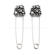 Halloween Skull 316 Surgical Stainless Steel Safety Pin Hoop Earrings for Women, Antique Silver, 43x5x11.5mm(EJEW-Z050-30AS)