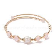 Natural Rose Quartz Round Beaded Cuff Bangle, Golden Brass Wire Wrapped Bangle, Inner Diameter: 2 inch(5~5.15cm)(BJEW-JB10113-02)