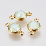 K9 Glass Links connectors, Faceted, with 304 Stainless Steel Findings, Ion Plating (IP), Flat Round, Golden, Light Green, 17.5x10x6mm, Hole: 2.5mm(STAS-F139-042G-01)