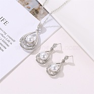 Teardrop Alloy Crystal Rhinestone Stud Dangle Earrings & Pendant Necklaces Sets, with Plastic Imitation Pearl, Platinum, 540mm(WGE0910-02)