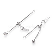 925 Sterling Silver Universal Chain Extender, with S925 Stamp, with Clasps & Curb Chains, Real Platinum Plated, 44mm, Links: 53x1x1mm; Clasps: 7.5x6x1mm; Heart: 6×4×3mm, Label: 8x3x0.5mm.(FIND-T009-02P)