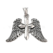 Titanium Steel Pendants, with Rhinestones, Archangel Wings with Cross Charm, Antique Silver, 32x46.5x4mm, Hole: 7x5mm(STAS-S143-08A)