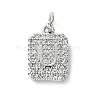 Rack Plating Brass Micro Pave Clear Cubic Zirconia Charms, Long-Lasting Plated, Lead Free & Cadmium Free, Rectangle with Letter Pattern, with Jump Ring, Platinum, Letter U, 14x9.5x2mm, Hole: 3mm(KK-G501-01U-P)