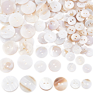 Elite 100Pcs 3 Styles 2-Hole Natural Shell Buttons, Flat Round, Ghost White, 15~25.5x2~2.7mm, Hole: 2~2.2mm(BUTT-PH0001-36)