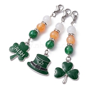 Saint Patrick's Day Alloy Enamel Pendants Decoraiton, with Round Resin Beads and 304 Stainless Steel Lobster Claw Clasps, Clover & Hat, Dark Green, 70~72mm, 3pcs/set(HJEW-JM01202)