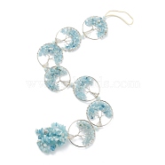 Natural Aquamarine Car Hanging Decorations, with Nylon Cord and Brass Findings, Round Ring with Tree of Life, 535~560mm(HJEW-L026-05P)
