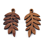 Natural Walnut Wood Pendants, Undyed, Leaf Charm, Camel, 30.5x17x2.5mm, Hole: 1.6mm(WOOD-T023-15)
