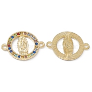 Religion Alloy Connector Charms, with Colorful Rhinestone, Flat Round Links with Virgin Pattern, Light Gold, 18x24x2mm, Hole: 1.8mm(FIND-A024-01KCG-01)