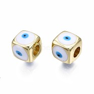 Brass European Beads, with Enamel, Large Hole Beads, Real 18K Gold Plated, Nickel Free, Cube with Evil Eye, White, 9x10x10mm, Hole: 4mm(KK-S362-044F-NF)