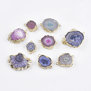 Natural Druzy Agate Links connectors, with Brass Finding, Golden, Mixed Color, 17~29x11.5~26x4~9mm, Hole: 1mm(G-P356-02)