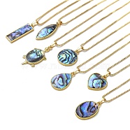 Rack Plating Natural Paua Shell Pendants Necklace, Brass Box Chain Necklaces, Mixed Shapes, 17.72 inch(45cm), Pendants: 19~31.5x9~23mm(NJEW-B104-01G)