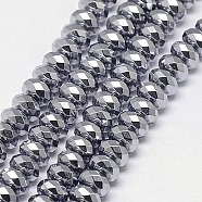 Electroplate Non-magnetic Synthetic Hematite Beads Strands, Faceted, Rondelle, Grade A, Platinum Plated, 8x4mm, Hole: 1.2mm, about 83pcs/strand, 16 inch(G-J160-E-01)