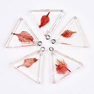 Resin Pendants, with Dried Flower Inside and Iron Findings, Triangle, Platinum, Crimson, 26.5x28x4.5mm, Hole: 2mm(CRES-S359-08C)