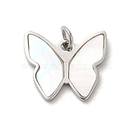 304 Stainless Steel with Shell Butterfly Charms, Stainless Steel Color, 8.6x10x0.9mm, Hole: 1.8mm(STAS-K263-21P)