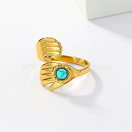 Hands Hug Shape Stainless Steel Open Cuff Rings, with Synthetic Turquoise, Real 18K Gold Plated, Inner Diameter: 16~18mm(PD3834-1)