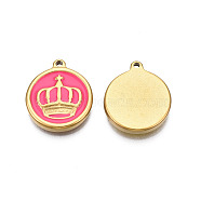 304 Stainless Steel Enamel Pendants, Real 18K Gold Plated, Flat Round with Crown, Hot Pink, 17.5x15x2.5mm, Hole: 1.4mm(STAS-N092-151B)