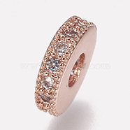 Brass Micro Pave Cubic Zirconia Bead Spacers, Flat Round, Clear, Rose Gold, 8x2mm, Hole: 3mm(ZIRC-K074-11A-01RG)