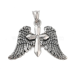 304 Stainless Steel Pendants, with Rhinestones, Archangel Wings with Cross Charm, Antique Silver, 32x46.5x4mm, Hole: 7x5mm(STAS-S143-08A)