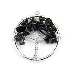 Natural Obsidian Tree fo Life Pendants, Iron Ring Chip Gems Tree Charms, Platinum, 30mm(WG82707-17)