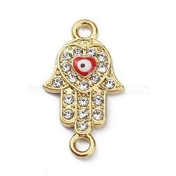 Alloy Enamel Link Connectors, with Crystal Rhinestone, Hamsa Hand/Hand of Miriam with Evil Eye, Light Gold, Palm Pattern, 22x12.5x3mm, Hole: 1.8mm & 2mm(FIND-TAC0011-50C-KCG)