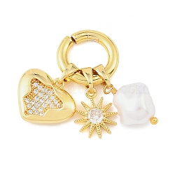 Brass Micro Pave Clear Cubic Zirconia with Plastic Imitation Pearl Pendants, Heart with Sun Charms, Real 14K Gold Plated, 29.5mm, Hole: 8.5mm(CU-CBA1242-01A-G)