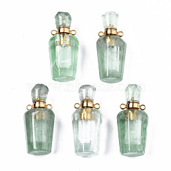 Faceted Natural Fluorite Pendants, Openable Perfume Bottle, with Golden Tone Brass Findings, Bottle, 36x15.5x15mm, Hole: 1.8mm, Bottle Capacity: 1ml(0.034 fl. oz)(G-T131-14E)