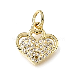 Brass Micro Pave Clear Cubic Zirconia Charms, with Jump Ring, Heart Charms, Rack Plating, Long-Lasting Plated, Cadmium Free & Lead Free, Real 18K Gold Plated, 12x12x3mm, Hole: 3mm(CU-L001-19G-02)