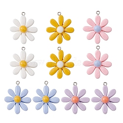 10Pcs 5 Colors Resin Pendants, with Platinum Tone Iron Findings, Flower Charms, Mixed Color, 33~34x28~30x8~9mm, Hole: 2mm, 2pcs/color(CRES-YW0001-11)