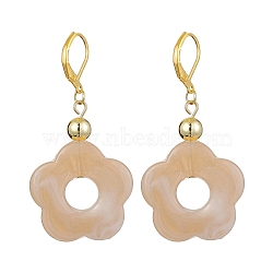 Acrylic Flower Dangle Leverback Earrings, Golden Brass Earrings, Tan, 53x27mm(EJEW-JE05625-04)