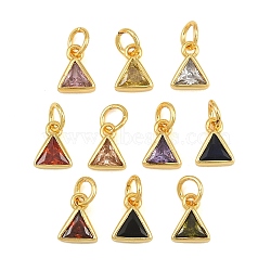 Brass Pave Cubic Zirconia Charms, Triangle Charms, Single Stone Charms, Long-Lasting Plated, Rack Plating, Cadmium Free & Lead Free, Golden, Mixed Color, 8.5x6.5x3mm, Hole: 3.5mm(CU-CBA3D67-10G)